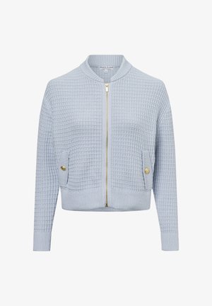 Hellblaues Reißverschluss-Strickjacke mit strukturiertem Muster, geripptem Saum und Bündchen, mit goldfarbenen Beschlägen und seitlichen Taschen.