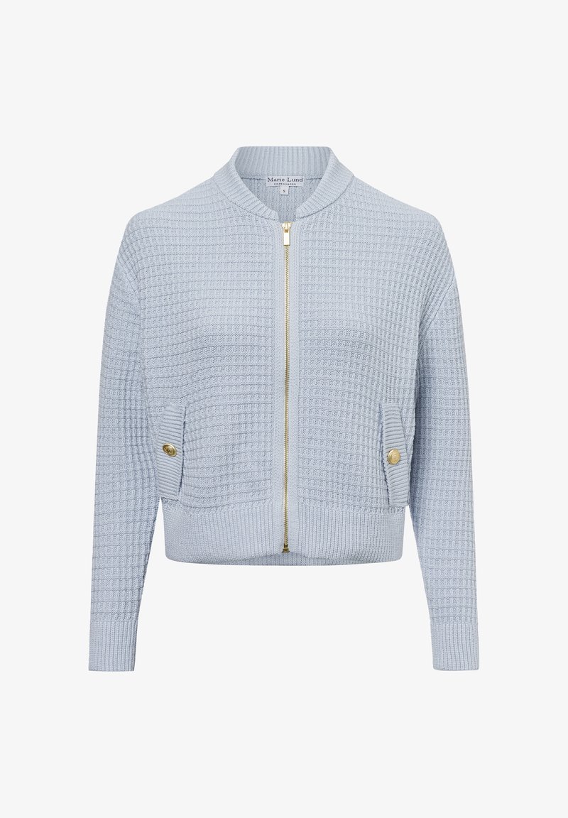 Hellblaues Reißverschluss-Strickjacke mit strukturiertem Muster, geripptem Saum und Bündchen, mit goldfarbenen Beschlägen und seitlichen Taschen.