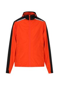 Orange vandafvisende jakke med sorte ærmer og refleksstriber. Har en høj krave, fuld lynlås og elastiske manchetter for en sikker pasform.