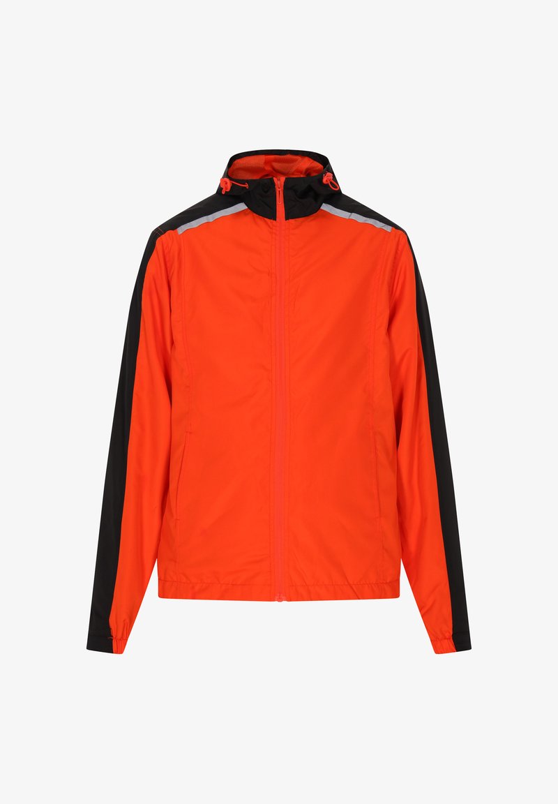 Orange waterproof jacket with black sleeves and reflective striping. Features a high collar, full zip, and elastic cuffs for a secure fit.
