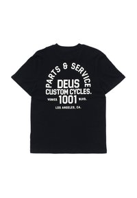 Black cotton t-shirt featuring white text on the back that reads “PARTS & SERVICE DEUS CUSTOM CYCLES. VENICE 1001 BLVD. LOS ANGELES, CA.”