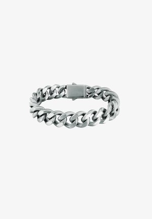 Bracciale in acciaio inossidabile con maglie intrecciate, dotato di una chiusura piatta e rettangolare. Superficie liscia e lucidata con finitura argentata.