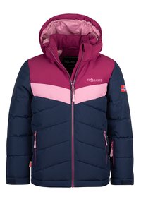 Kinderwinterjack met capuchon in navyblauw, roze en magenta, met een rits aan de voorkant, ritszakken en Noorse vlagpatches op de mouwen.