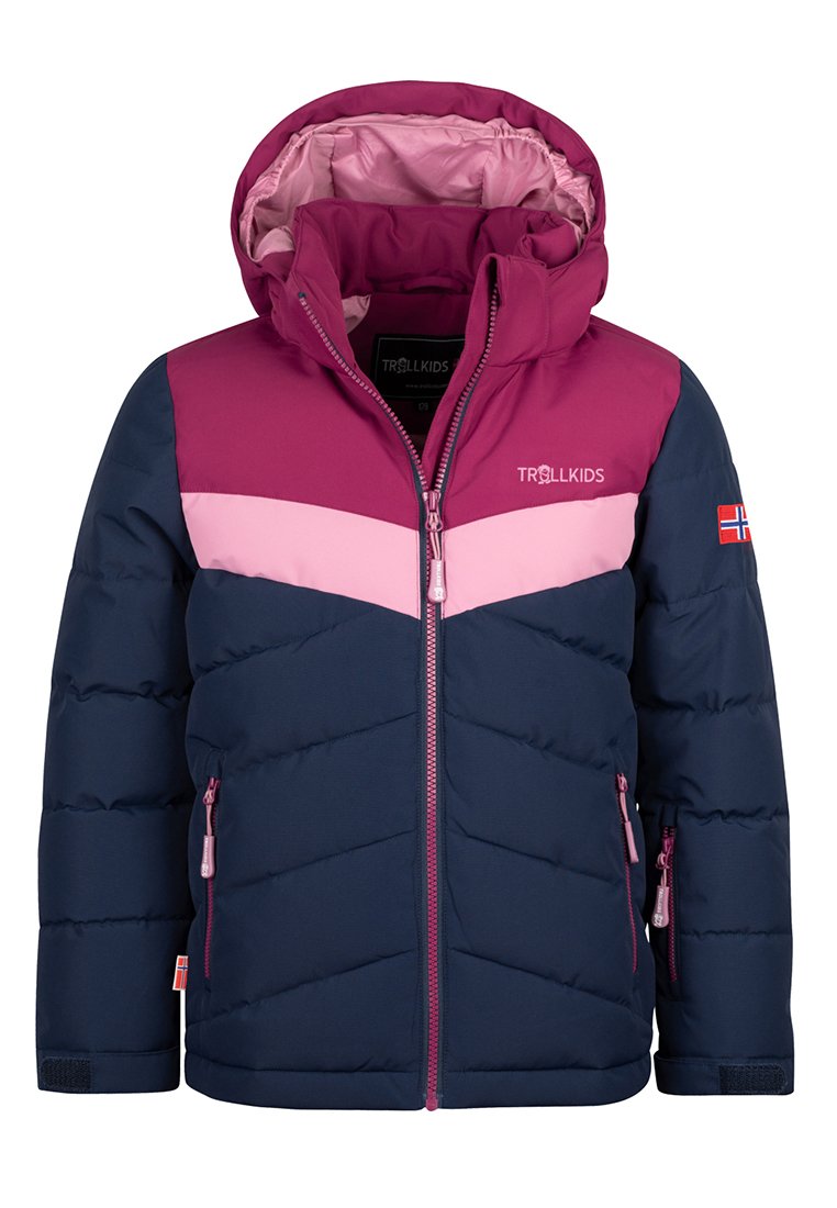 Gepolsterte Jacke in Marineblau mit pinken Akzenten. Verfügt über einen Reißverschluss, eine Kapuze und ein Zickzackmuster. Enthält Seitentaschen und ein Markenlogo.