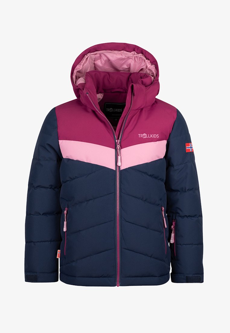 Gepolsterte Jacke in Marineblau mit pinken Akzenten. Verfügt über einen Reißverschluss, eine Kapuze und ein Zickzackmuster. Enthält Seitentaschen und ein Markenlogo.