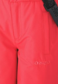 Rote Stoffshorts mit glatter Textur, ausgestattet mit einer Vordertasche und einem gestickten "ZIGZAG"-Logo in kontrastierender Farbe. Verstellbare Strap-Details.