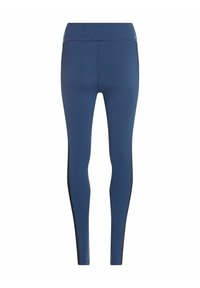 Mėlynos leginsai pagaminti iš tamprios medžiagos su aukštu juosmeniu. Yra juodos šoninės detalės ir siuvinėtos dekoracijos, suteikiančios papildomo tekstūros.