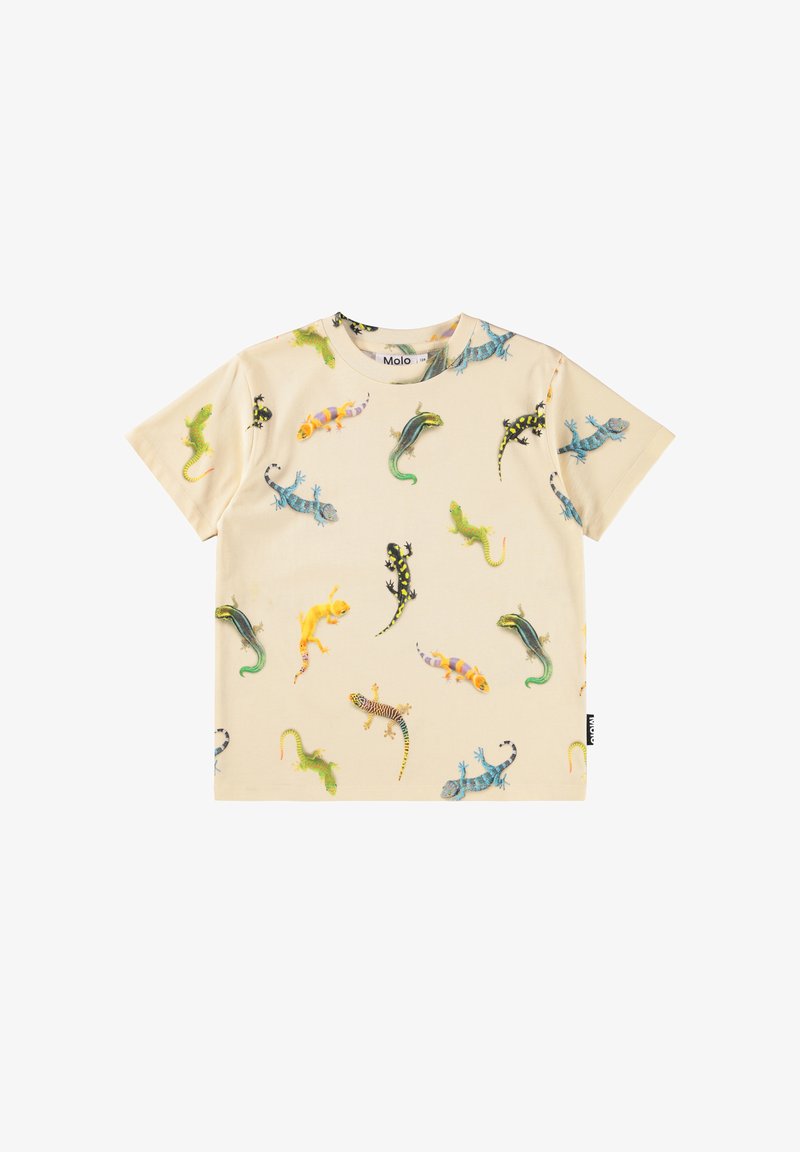 Κρέμ κοντομάνικο μπλουζάκι με πολύχρωμα σχέδια γορίλα. Κατασκευασμένο από μαλακό ύφασμα με άνετη εφαρμογή. Λογότυπο Molo στο στρίφωμα.