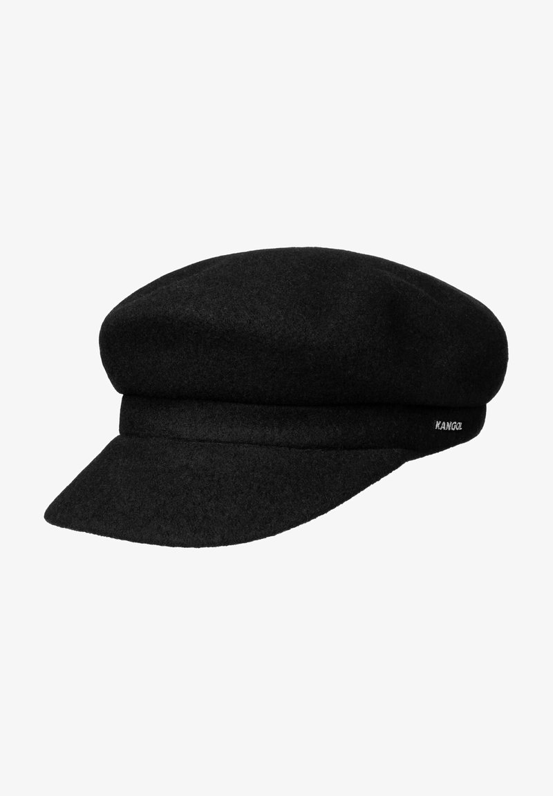Zwarte wollen baret-stijl pet met een platte kroon, brede band en subtiele stiksels. Heeft een klein logo aan de zijkant.