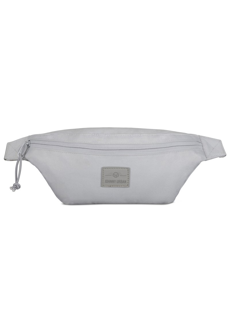 Sacchetto in tessuto grigio con superficie testurizzata, chiusura con zip e una piccola etichetta di marca sul fronte. Forma compatta e arrotondata con coulisse.