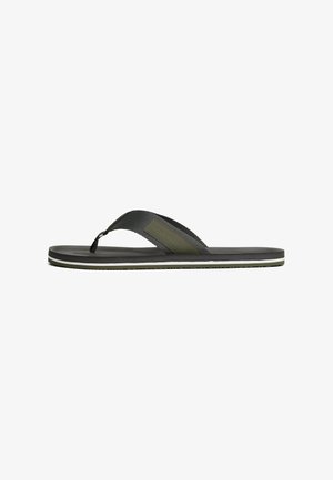 Black flip-flop sandal with a textured nylon strap, padded footbed, and slight white accent on the sole. Lightweight and minimalist design.