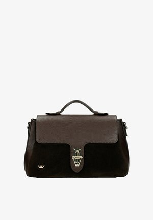 Borsa in pelle e camoscio marrone scuro con manico superiore e chiusura a scatto in metallo dorato sulla patta frontale, con piccolo logo del marchio metallico.