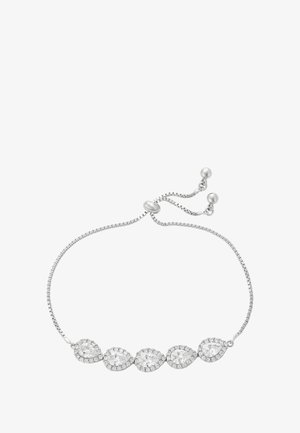 Ezüst lánc karkötő öt kört formázó, tiszta drágakővel, mindegyik kisebb kövekkel körülvéve, és állítható csúszó záróval.