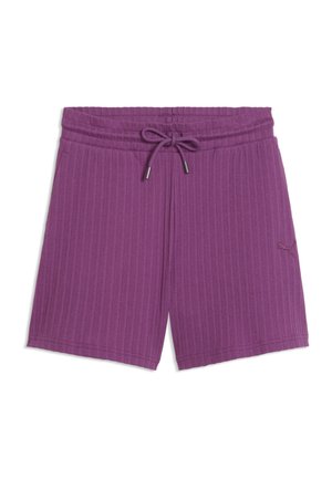 Lilla ribstrikkede shorts med elastisk talje og bundet snøre, med en lille broderet Puma-logo på højre ben.