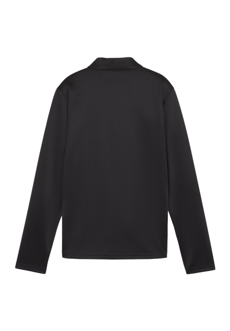 Chemise noire à manches longues avec col, vue de dos, sur fond blanc.