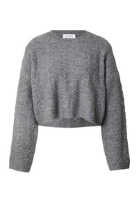 Grijze cropped trui met kabelpatroon, ronde hals en lange mouwen. Gemaakt van zacht, gestructureerd stof voor warmte.