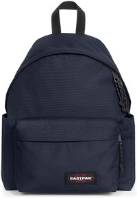 Sac à dos Eastpak bleu marine avec une poche zippée à l'avant, deux poches latérales, une sangle de poignée noire et des fermetures à double zip.
