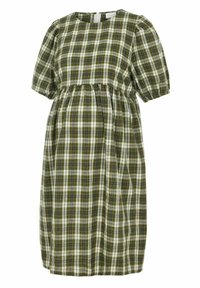 Grün-weißer Karo-Kleid bis zum Knie mit kurz gepufften Ärmeln und gerafftem Bund.