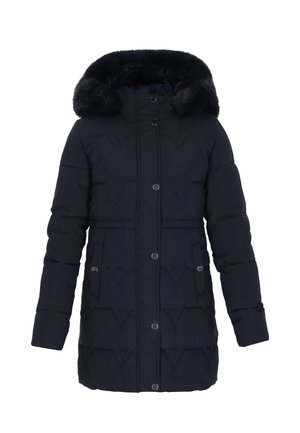 Marineblauer Steppjacke mit einer gefütterten Kapuze aus Kunstfell, Druckknopfverschluss, gestepptem Muster und zwei Seitentaschen für zusätzlichen Stauraum.