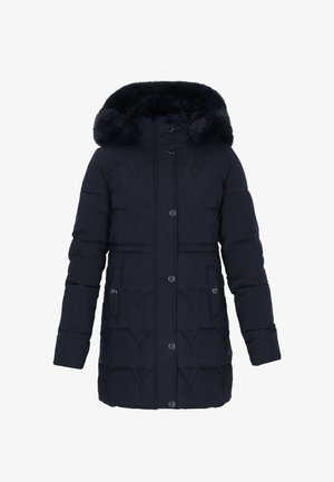 Tengerészkék puffermellény, műszőrme bélésű kapucnival, patentos záródással, steppelt textúrával és két oldalsó zsebbel a tároláshoz.