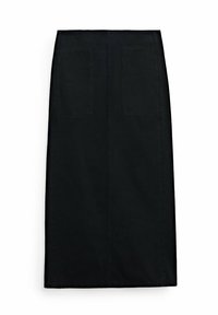 Jupe crayon noire, longueur genou, avec une texture lisse, comportant deux poches arrière et un design simple et droit.