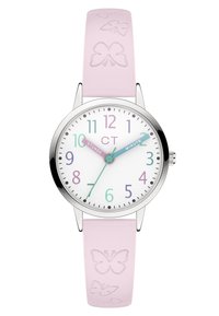 Quarz-Uhr mit einem weißen Zifferblatt, silbernem Gehäuse, pastellrosa Silikonarmband und geprägtem Schmetterlingsmuster; ausgestattet mit mehrfarbigen Stundenmarkierungen.