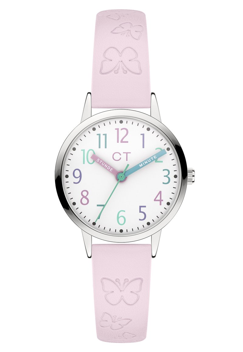 Quarz-Uhr mit einem weißen Zifferblatt, silbernem Gehäuse, pastellrosa Silikonarmband und geprägtem Schmetterlingsmuster; ausgestattet mit mehrfarbigen Stundenmarkierungen.