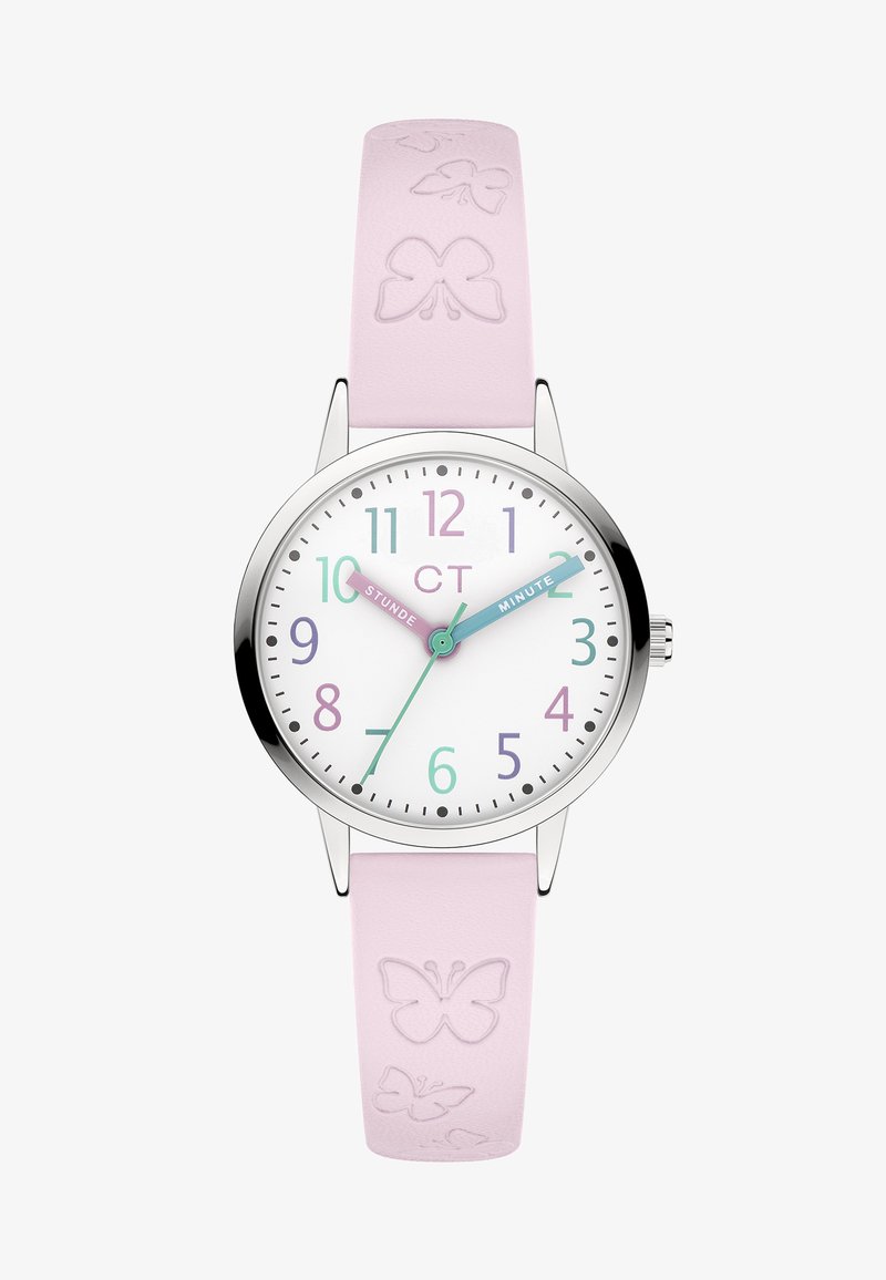 Quarz-Uhr mit einem weißen Zifferblatt, silbernem Gehäuse, pastellrosa Silikonarmband und geprägtem Schmetterlingsmuster; ausgestattet mit mehrfarbigen Stundenmarkierungen.