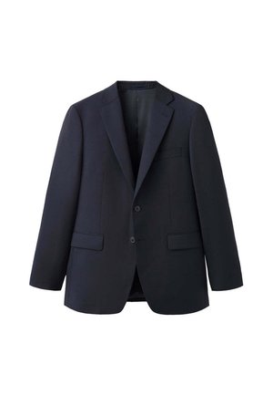 Blazer de hombre azul marino oscuro con dos botones, solapas con muesca y bolsillos con solapa, presentado sobre un fondo blanco.