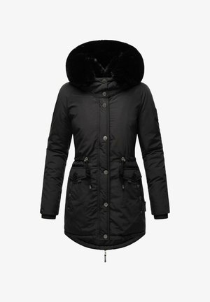 Black long coat with faux fur-lined hood, zip and snap closures, drawstring waist, and two front pockets with flaps. Smooth fabric texture.