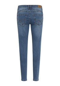 Modré džíny z denimu se slim fit, pěti kapsami a označením na pase. Na zadní straně se nachází švy a mírně vybledlá textura.