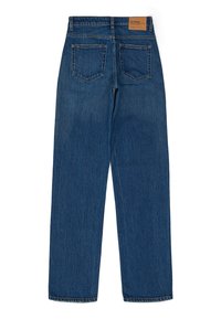 Dark blue denim jeans with a straight-leg cut, two back pockets, and a leather patch at the waist. Material appears durable with a smooth texture.