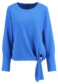Långärmad blå blus med rund halsringning och en sidoknytdetalj vid fållen.