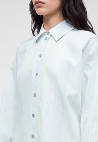 Femme portant une chemise bleu clair à fines rayures avec col, visible des épaules jusqu'au menton, aux longs cheveux foncés.