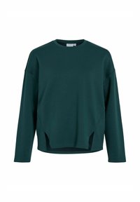 Sudadera verde de manga larga, con un cuello redondo y aberturas laterales en el dobladillo. Fabricada con una tela suave de textura lisa.