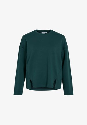 Groene sweatshirt met lange mouwen, een ronde halslijn en zijsplitten aan de onderrand. Gemaakt van een zachte stof met een gladde textuur.
