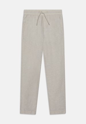 Light beige pants made of soft fabric, featuring an elastic waistband with drawstring, two side pockets, and a straight leg design.