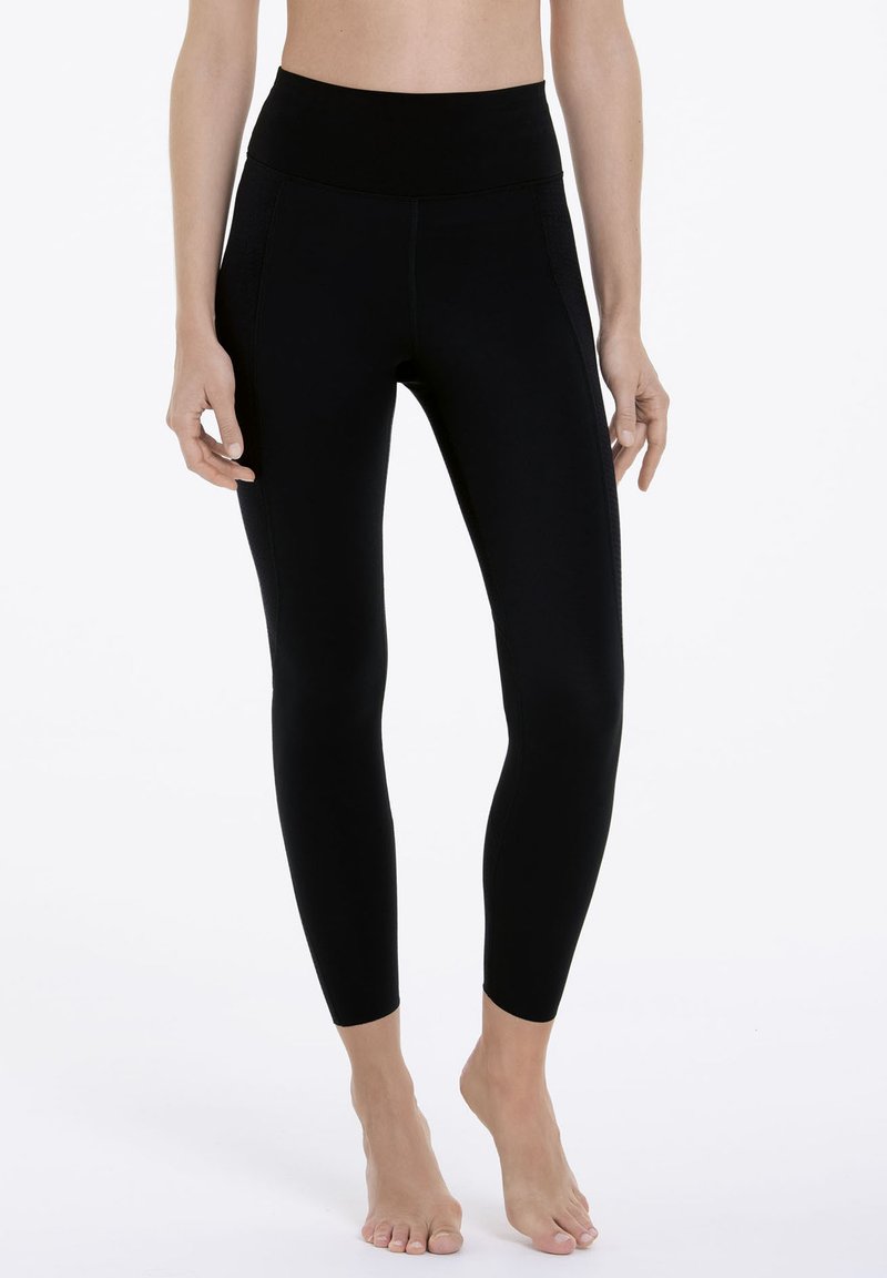 Black leggings with a high waistband, made of stretchy material. Features a smooth texture and fitted silhouette, designed for comfort and movement.