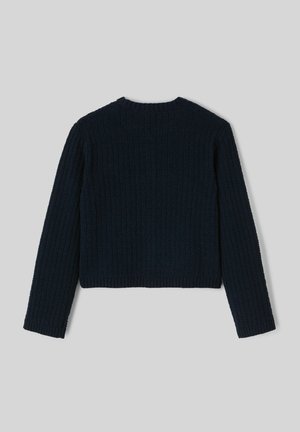 Pull à côtes bleu marine avec des manches longues, un col rond et un design court. Le tissu semble doux et texturé.