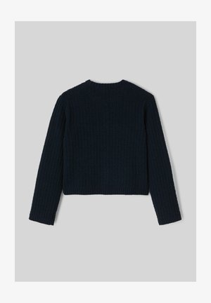 Pull à côtes bleu marine avec des manches longues, un col rond et un design court. Le tissu semble doux et texturé.