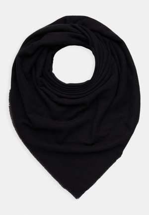 Black triangular scarf folded in a circular loop with soft fabric and slightly fringed edges on a white background.