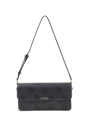 Zwarte synthetische crossbodytas met reliëf logo patroon, strakke rechthoekige vorm, overslagklep en verstelbare band. Accenten in goudkleurig metaal.