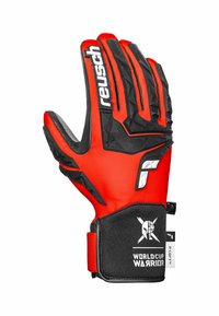 Rote und schwarze Torwarthandschuhe mit strukturiertem Griff, gepolsterten Fingern, verstellbarem Handgelenkband und atmungsaktivem Material sowie Logo-Akzenten.