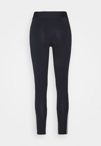 Navy leggings featuring a smooth texture, a high waistband, and contrasting white side stripes along the legs.