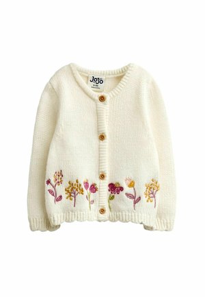 Weiß gestrickter Baby-Strickcardigan mit braunen Knöpfen und bunten bestickten Blumen entlang des unteren Rands, Größe 0-3 Monate.