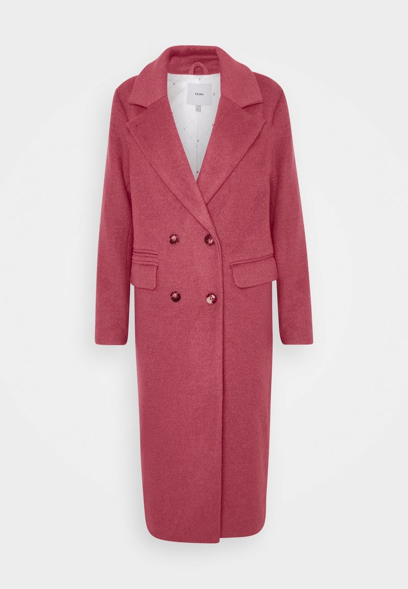 Manteau long rose croisé en mélange de laine, avec un col cranté, deux poches avant et un tissu texturé. Intérieur avec un motif matelassé.