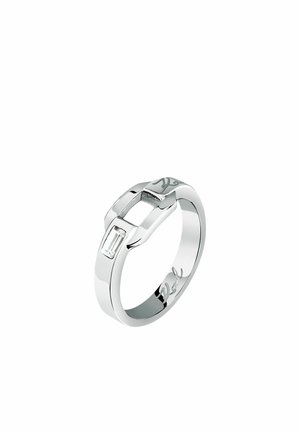 Silver ring with a minimalist design, featuring a rectangular clear stone and subtle engravings on the band. Smooth, polished surface.