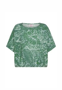 Grøn kortærmet top med bladmønster, rund halsudskæring og løs pasform. Fremstillet af letstof med en tekstureret overflade.