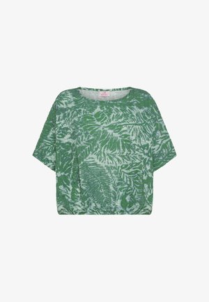 Grøn kortærmet top med bladmønster, rund halsudskæring og løs pasform. Fremstillet af letstof med en tekstureret overflade.
