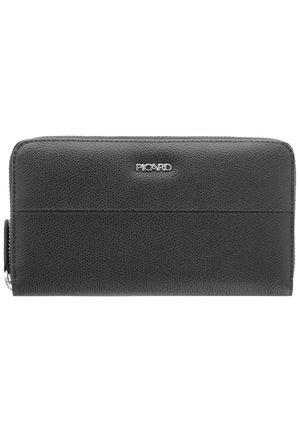 Black leather wallet with a textured finish, rectangular shape, and silver logo. Features a zipper closure and a seam across the middle.